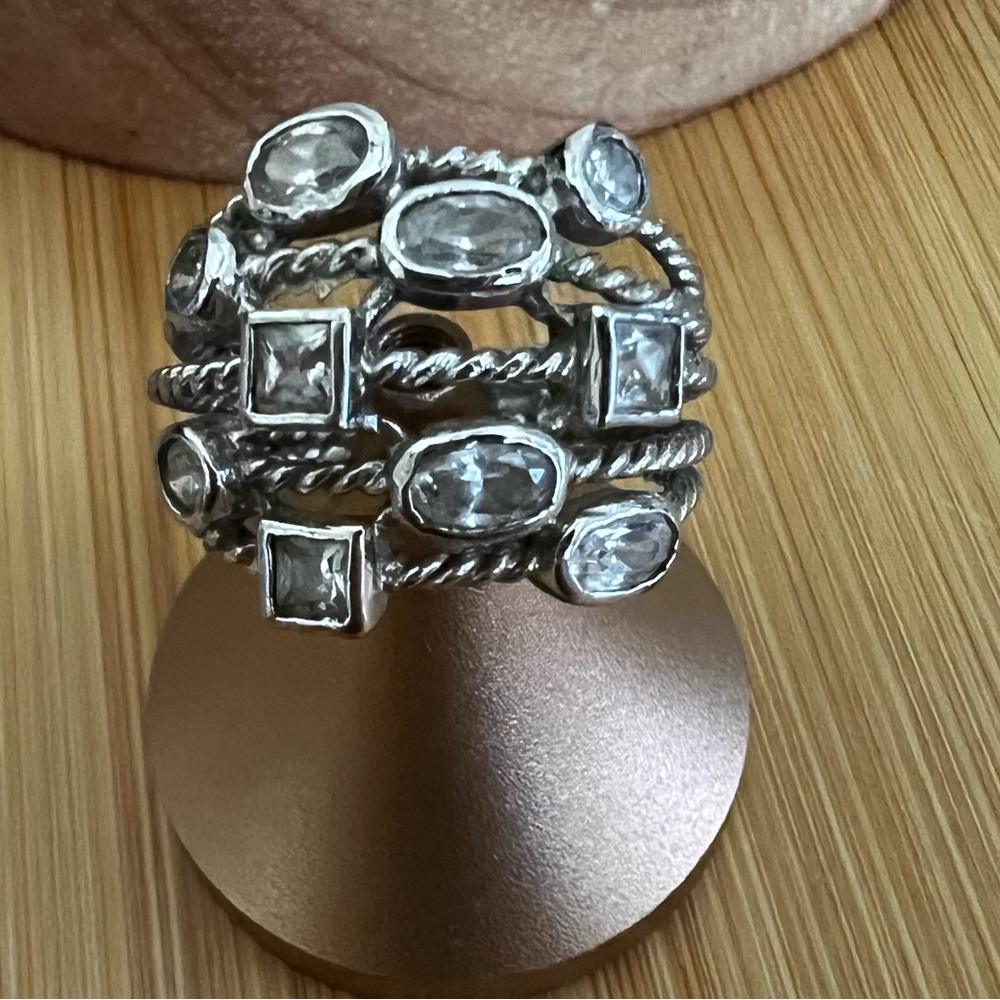 Silver Tone Multi-Row Clear Gemstone Stack Ring - image 1
